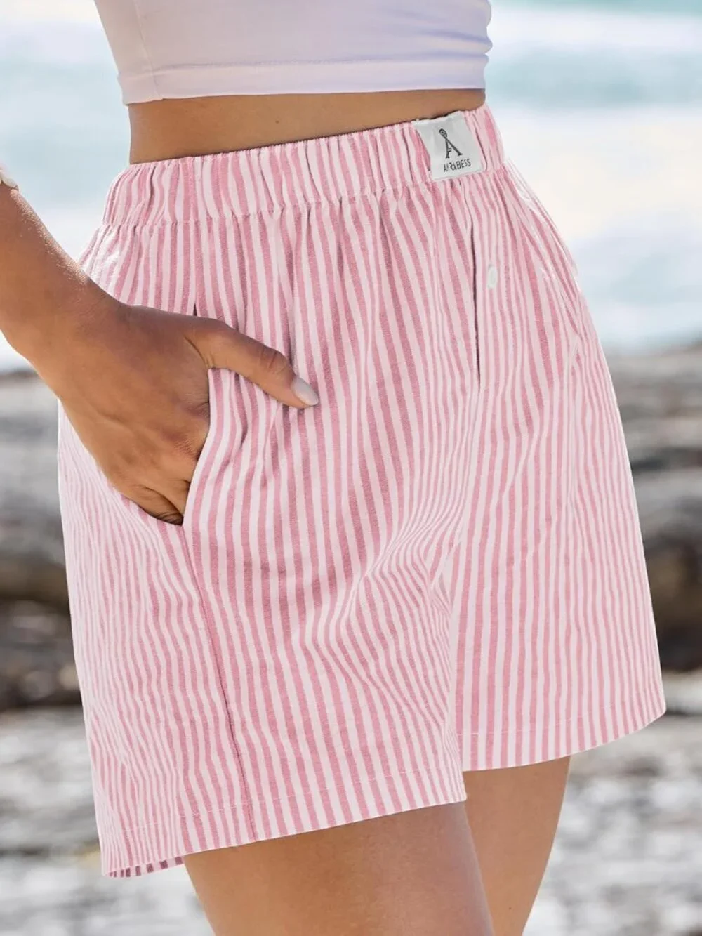 Women's Pink White Stripe Boxer Shorts for Gingham  Summer Lounge Sleep Shorts